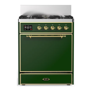 ILVE Majestic III 30-Inch Dual Fuel Range with 5 Sealed Burners, 4 cu. ft. Oven, Emerald Green with Brass Trim, Liquid Propane, Solid Door, UM30QNR3EGGLP
