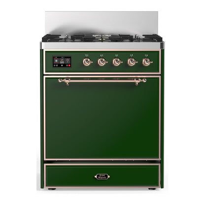 ILVE Majestic III 30-Inch Dual Fuel Range with 5 Sealed Burners, 4 cu. ft. Oven, Emerald Green with Copper Trim, Natural Gas, Solid Door, UM30QNR3EGP