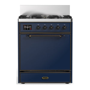 ILVE Majestic III 30-Inch Dual Fuel Range with 5 Sealed Burners, 4 cu. ft. Oven, Mightnight Blue with Burnished Trim, Liquid Propane, Solid Door, UM30QNR3MBBLP
