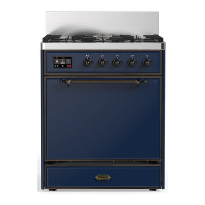 ILVE Majestic III 30-Inch Dual Fuel Range with 5 Sealed Burners, 4 cu. ft. Oven, Mightnight Blue with Burnished Trim, Natural Gas, Solid Door, UM30QNR3MBB