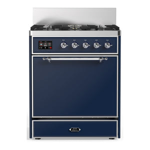 ILVE Majestic III 30-Inch Dual Fuel Range with 5 Sealed Burners, 4 cu. ft. Oven, Mightnight Blue with Chrome Trim, Natural Gas, Solid Door, UM30QNR3MBC