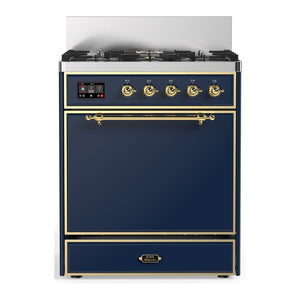 ILVE Majestic III 30-Inch Dual Fuel Range with 5 Sealed Burners, 4 cu. ft. Oven, Mightnight Blue with Brass Trim, Liquid Propane, Solid Door, UM30QNR3MBGLP