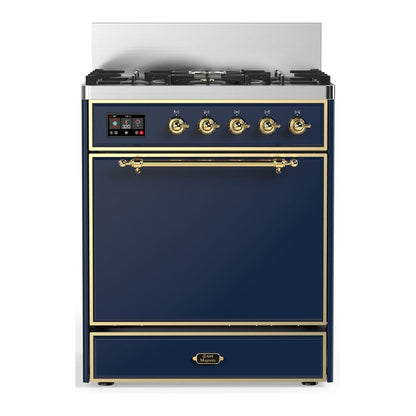 ILVE Majestic III 30-Inch Dual Fuel Range with 5 Sealed Burners, 4 cu. ft. Oven, Mightnight Blue with Brass Trim, Natural Gas, Solid Door, UM30QNR3MBG