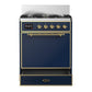 ILVE Majestic III 30-Inch Dual Fuel Range with 5 Sealed Burners, 4 cu. ft. Oven, Mightnight Blue with Brass Trim, Natural Gas, Solid Door, UM30QNR3MBG