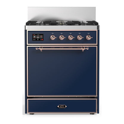ILVE Majestic III 30-Inch Dual Fuel Range with 5 Sealed Burners, 4 cu. ft. Oven, Mightnight Blue with Copper Trim, Liquid Propane, Solid Door, UM30QNR3MBPLP