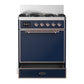 ILVE Majestic III 30-Inch Dual Fuel Range with 5 Sealed Burners, 4 cu. ft. Oven, Mightnight Blue with Copper Trim, Liquid Propane, Solid Door, UM30QNR3MBPLP