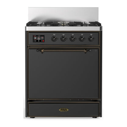 ILVE Majestic III 30-Inch Dual Fuel Range with 5 Sealed Burners, 4 cu. ft. Oven, Matte Graphite with Burnished Trim, Natural Gas, Solid Door, UM30QNR3MGB
