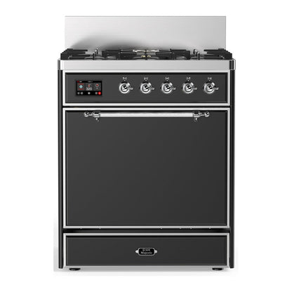 ILVE Majestic III 30-Inch Dual Fuel Range with 5 Sealed Burners, 4 cu. ft. Oven, Matte Graphite with Chrome Trim, Liquid Propane, Solid Door, UM30QNR3MGCLP