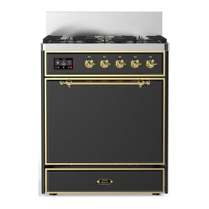 ILVE Majestic III 30-Inch Dual Fuel Range with 5 Sealed Burners, 4 cu. ft. Oven, Matte Graphite with Brass Trim, Natural Gas, Solid Door, UM30QNR3MGG