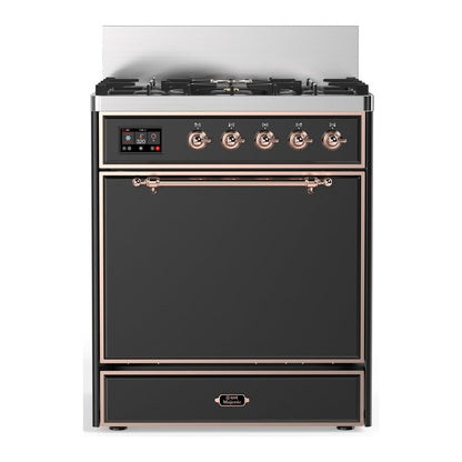 ILVE Majestic III 30-Inch Dual Fuel Range with 5 Sealed Burners, 4 cu. ft. Oven, Matte Graphite with Copper Trim, Natural Gas, Solid Door, UM30QNR3MGP