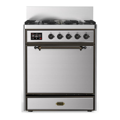 ILVE Majestic III 30-Inch Dual Fuel Range with 5 Sealed Burners, 4 cu. ft. Oven, Stainless Steel with Burnished Trim, Natural Gas, Solid Door, UM30QNR3SSB
