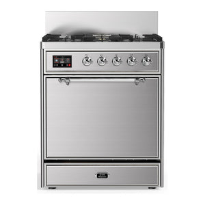 ILVE Majestic III 30-Inch Dual Fuel Range with 5 Sealed Burners, 4 cu. ft. Oven, Stainless Steel with Chrome Trim, Liquid Propane, Solid Door, UM30QNR3SSCLP