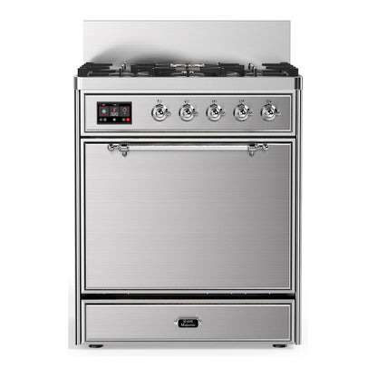 ILVE Majestic III 30-Inch Dual Fuel Range with 5 Sealed Burners, 4 cu. ft. Oven, Stainless Steel with Chrome Trim, Natural Gas, Solid Door, UM30QNR3SSC