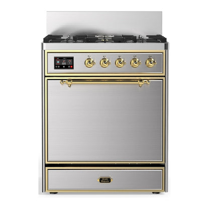 ILVE Majestic III 30-Inch Dual Fuel Range with 5 Sealed Burners, 4 cu. ft. Oven, Stainless Steel with Brass Trim, Liquid Propane, Solid Door, UM30QNR3SSGLP