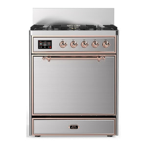 ILVE Majestic III 30-Inch Dual Fuel Range with 5 Sealed Burners, 4 cu. ft. Oven, Stainless Steel with Copper Trim, Liquid Propane, Solid Door, UM30QNR3SSPLP