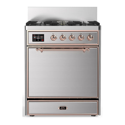 ILVE Majestic III 30-Inch Dual Fuel Range with 5 Sealed Burners, 4 cu. ft. Oven, Stainless Steel with Copper Trim, Natural Gas, Solid Door, UM30QNR3SSP