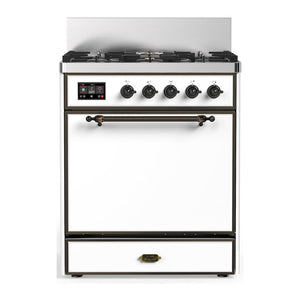 ILVE Majestic III 30-Inch Dual Fuel Range with 5 Sealed Burners, 4 cu. ft. Oven, White with Burnished Trim, Natural Gas, Solid Door, UM30QNR3WHB