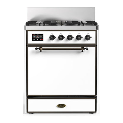 ILVE Majestic III 30-Inch Dual Fuel Range with 5 Sealed Burners, 4 cu. ft. Oven, White with Burnished Trim, Natural Gas, Solid Door, UM30QNR3WHB
