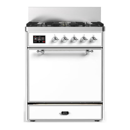 ILVE Majestic III 30-Inch Dual Fuel Range with 5 Sealed Burners, 4 cu. ft. Oven, White with Chrome Trim, Liquid Propane, Solid Door, UM30QNR3WHCLP