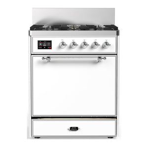 ILVE Majestic III 30-Inch Dual Fuel Range with 5 Sealed Burners, 4 cu. ft. Oven, White with Chrome Trim, Natural Gas, Solid Door, UM30QNR3WHC