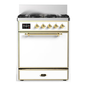 ILVE Majestic III 30-Inch Dual Fuel Range with 5 Sealed Burners, 4 cu. ft. Oven, White with Brass Trim, Liquid Propane, Solid Door, UM30QNR3WHGLP