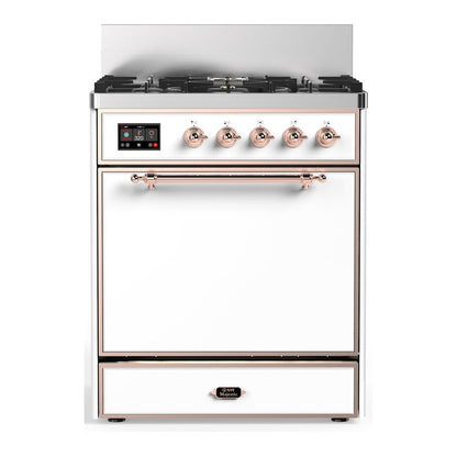 ILVE Majestic III 30-Inch Dual Fuel Range with 5 Sealed Burners, 4 cu. ft. Oven, White with Copper Trim, Natural Gas, Solid Door, UM30QNR3WHP