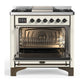 ILVE Majestic III 36-Inch Dual Fuel Range with 6 Sealed Burners + Griddle, 3.5 cu. ft. Oven, Antique White with Burnished Trim, Liquid Propane, Triple Glass Door, UM36FNR3AWBLP