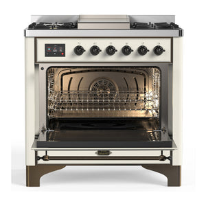 ILVE Majestic III 36-Inch Dual Fuel Range with 6 Sealed Burners + Griddle, 3.5 cu. ft. Oven, Antique White with Burnished Trim, Liquid Propane, Triple Glass Door, UM36FNR3AWBLP