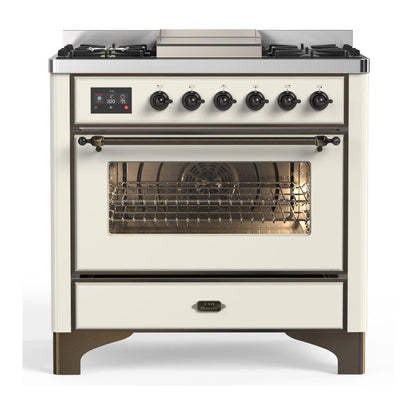 ILVE Majestic III 36-Inch Dual Fuel Range with 6 Sealed Burners + Griddle, 3.5 cu. ft. Oven, Antique White with Burnished Trim, Liquid Propane, Triple Glass Door, UM36FNR3AWBLP