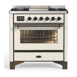 ILVE Majestic III 36-Inch Dual Fuel Range with 6 Sealed Burners + Griddle, 3.5 cu. ft. Oven, Antique White with Burnished Trim, Natural Gas, Triple Glass Door, UM36FNR3AWB