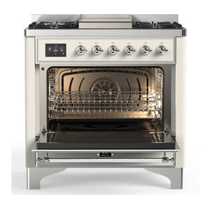 ILVE Majestic III 36-Inch Dual Fuel Range with 6 Sealed Burners + Griddle, 3.5 cu. ft. Oven, Antique White with Chrome Trim, Liquid Propane, Triple Glass Door, UM36FNR3AWCLP