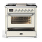 ILVE Majestic III 36-Inch Dual Fuel Range with 6 Sealed Burners + Griddle, 3.5 cu. ft. Oven, Antique White with Chrome Trim, Natural Gas, Triple Glass Door, UM36FNR3AWC