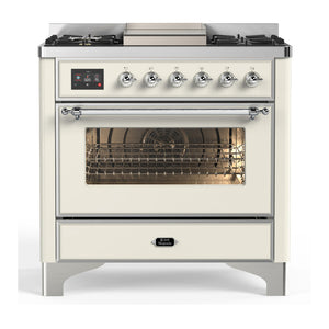 ILVE Majestic III 36-Inch Dual Fuel Range with 6 Sealed Burners + Griddle, 3.5 cu. ft. Oven, Antique White with Chrome Trim, Natural Gas, Triple Glass Door, UM36FNR3AWC