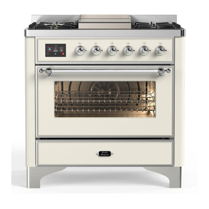 ILVE Majestic III 36-Inch Dual Fuel Range with 6 Sealed Burners + Griddle, 3.5 cu. ft. Oven, Antique White with Chrome Trim, Natural Gas, Triple Glass Door, UM36FNR3AWC