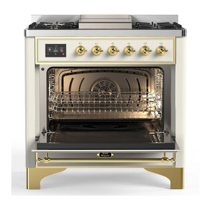 ILVE Majestic III 36-Inch Dual Fuel Range with 6 Sealed Burners + Griddle, 3.5 cu. ft. Oven, Antique White with Brass Trim, Liquid Propane, Triple Glass Door, UM36FNR3AWGLP