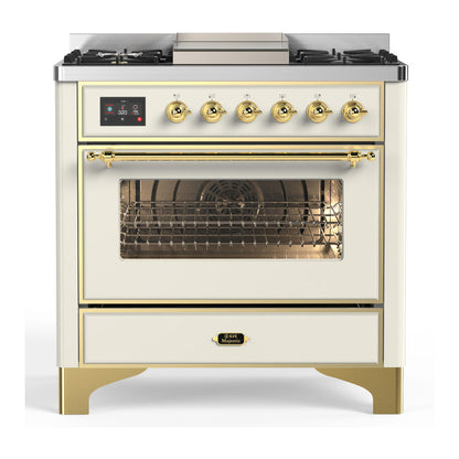 ILVE Majestic III 36-Inch Dual Fuel Range with 6 Sealed Burners + Griddle, 3.5 cu. ft. Oven, Antique White with Brass Trim, Liquid Propane, Triple Glass Door, UM36FNR3AWGLP