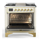 ILVE Majestic III 36-Inch Dual Fuel Range with 6 Sealed Burners + Griddle, 3.5 cu. ft. Oven, Antique White with Brass Trim, Natural Gas, Triple Glass Door, UM36FNR3AWG