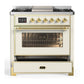 ILVE Majestic III 36-Inch Dual Fuel Range with 6 Sealed Burners + Griddle, 3.5 cu. ft. Oven, Antique White with Brass Trim, Natural Gas, Triple Glass Door, UM36FNR3AWG