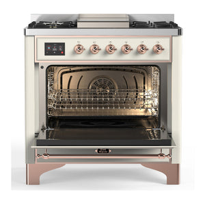 ILVE Majestic III 36-Inch Dual Fuel Range with 6 Sealed Burners + Griddle, 3.5 cu. ft. Oven, Antique White with Copper Trim, Liquid Propane, Triple Glass Door, UM36FNR3AWPLP