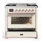 ILVE Majestic III 36-Inch Dual Fuel Range with 6 Sealed Burners + Griddle, 3.5 cu. ft. Oven, Antique White with Copper Trim, Liquid Propane, Triple Glass Door, UM36FNR3AWPLP