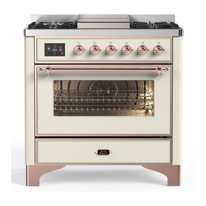 ILVE Majestic III 36-Inch Dual Fuel Range with 6 Sealed Burners + Griddle, 3.5 cu. ft. Oven, Antique White with Copper Trim, Liquid Propane, Triple Glass Door, UM36FNR3AWPLP