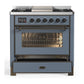 ILVE Majestic III 36-Inch Dual Fuel Range with 6 Sealed Burners + Griddle, 3.5 cu. ft. Oven, Blue Grey with Burnished Trim, Liquid Propane, Triple Glass Door, UM36FNR3BGBLP