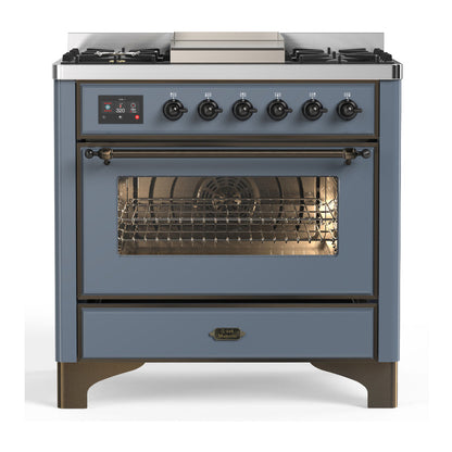 ILVE Majestic III 36-Inch Dual Fuel Range with 6 Sealed Burners + Griddle, 3.5 cu. ft. Oven, Blue Grey with Burnished Trim, Liquid Propane, Triple Glass Door, UM36FNR3BGBLP