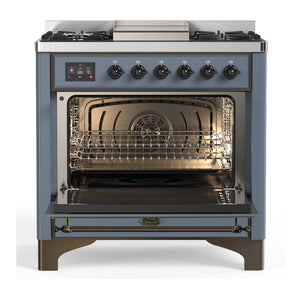 ILVE Majestic III 36-Inch Dual Fuel Range with 6 Sealed Burners + Griddle, 3.5 cu. ft. Oven, Blue Grey with Burnished Trim, Natural Gas, Triple Glass Door, UM36FNR3BGB