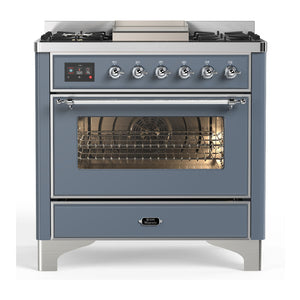 ILVE Majestic III 36-Inch Dual Fuel Range with 6 Sealed Burners + Griddle, 3.5 cu. ft. Oven, Blue Grey with Chrome Trim, Liquid Propane, Triple Glass Door, UM36FNR3BGCLP