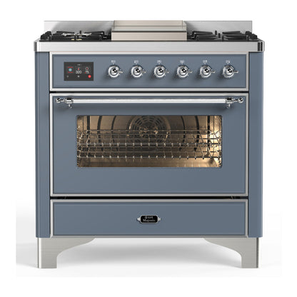 ILVE Majestic III 36-Inch Dual Fuel Range with 6 Sealed Burners + Griddle, 3.5 cu. ft. Oven, Blue Grey with Chrome Trim, Natural Gas, Triple Glass Door, UM36FNR3BGC