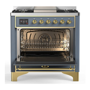 ILVE Majestic III 36-Inch Dual Fuel Range with 6 Sealed Burners + Griddle, 3.5 cu. ft. Oven, Blue Grey with Brass Trim, Liquid Propane, Triple Glass Door, UM36FNR3BGGLP