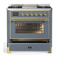 ILVE Majestic III 36-Inch Dual Fuel Range with 6 Sealed Burners + Griddle, 3.5 cu. ft. Oven, Blue Grey with Brass Trim, Liquid Propane, Triple Glass Door, UM36FNR3BGGLP