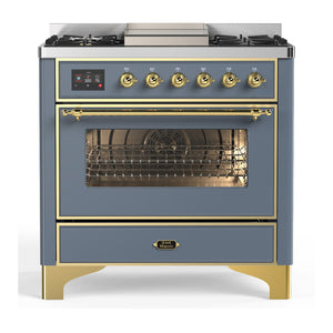 ILVE Majestic III 36-Inch Dual Fuel Range with 6 Sealed Burners + Griddle, 3.5 cu. ft. Oven, Blue Grey with Brass Trim, Liquid Propane, Triple Glass Door, UM36FNR3BGGLP