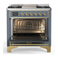 ILVE Majestic III 36-Inch Dual Fuel Range with 6 Sealed Burners + Griddle, 3.5 cu. ft. Oven, Blue Grey with Brass Trim, Natural Gas, Triple Glass Door, UM36FNR3BGG